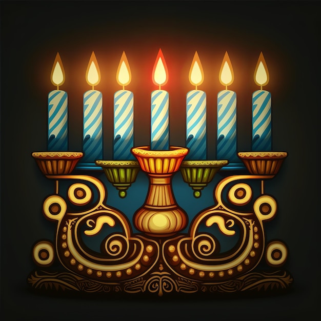 Primer día de Hanukkah con velas coloridas encendidas de Hanukkah en Menorah Generative Ai