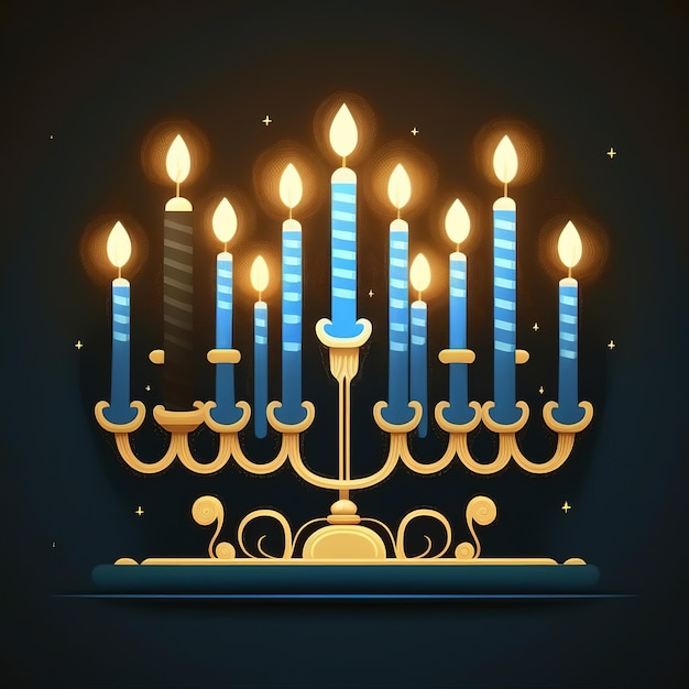 Primer día de Hanukkah con velas coloridas encendidas de Hanukkah en Menorah Generative Ai