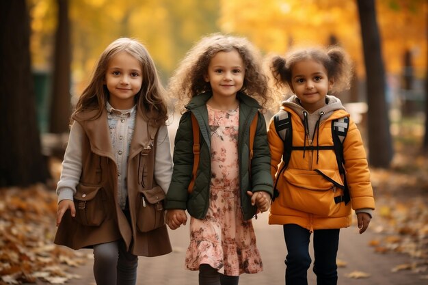 Primer día de jardín de infantes Tres niñas pequeñas IA generativa