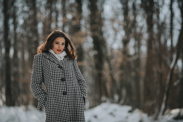 Primer disparo de una mujer caucásica sexy con lápiz labial rojo y un abrigo de moda en un parque cubierto de nieve