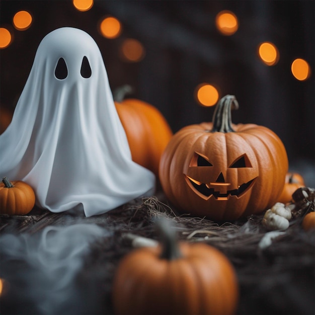 Primer fantasma de halloween con calabaza generado por ai