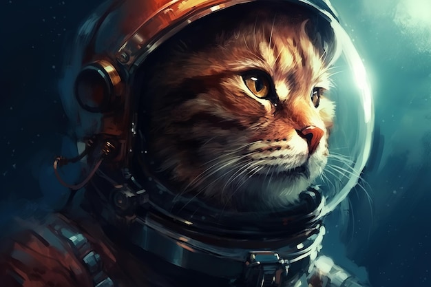 Primer gato astronauta en el espacio Retrato de mascota rayada en traje espacial en galaxia mirando hacia otro lado Ilustración animal de fantasía IA generativa