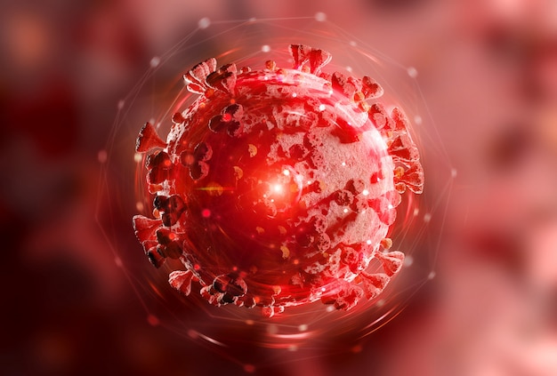 Primer microscópico de la enfermedad de covid-19. Enfermedad por coronavirus que se propaga en las células del cuerpo.