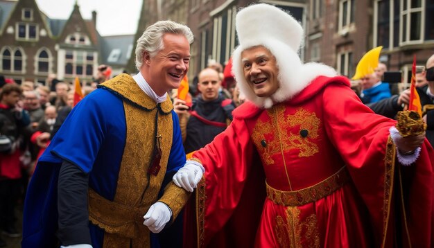 Foto el primer ministro rutte como sinterklaas y geert wilders como piet negro