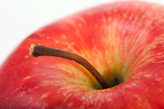 Primer parte de la gran manzana roja con tallo sobre fondo claro (no aislado)