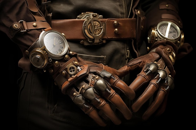 Primer persona manos en guantes de cuero steampunk Generative AI