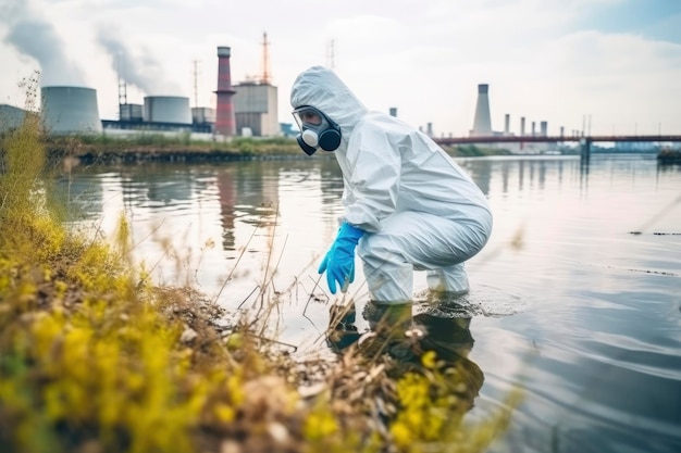 Primer personal de seguridad en equipo de protección química que garantiza la pureza del agua IA generativa