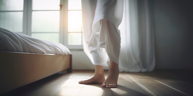 El primer pie de una chica asiática baja en la cama con un pijama blanco despierta caminando para abrir la cortina en la ventana fresca y tranquila mañana