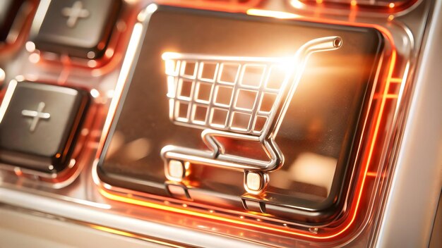 Un primer plano en 3D del futurístico botón de agregar al carrito para el Cyber Monday Ecommerce Vibrant Glow Sleek Desi