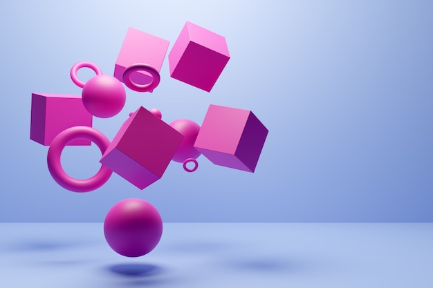 Foto primer plano 3d ilustración rosa y azul. diferentes formas geométricas: cubo, cilindro, esfera se colocan a la misma distancia. formas geométricas simples volando