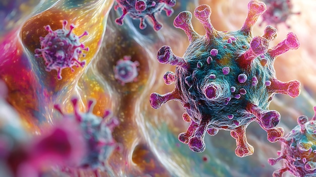 Un primer plano 3D muy detallado del virus de la viruela del mono con picos brillantes y un agudo halo de fuego que representa su naturaleza peligrosa e infecciosa en colores vívidos