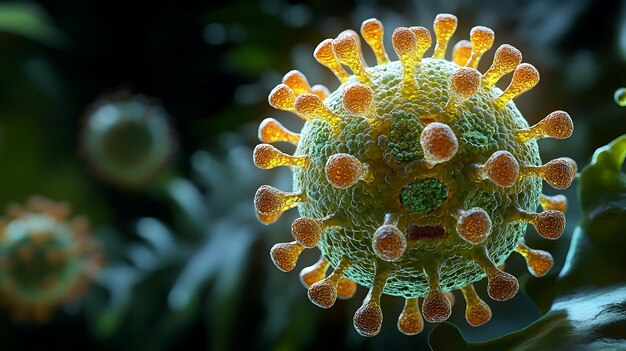 Un primer plano 3D muy detallado del virus de la viruela del mono con picos brillantes y un agudo halo de fuego que representa su naturaleza peligrosa e infecciosa en colores vívidos