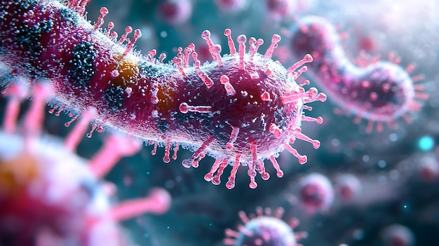 Un primer plano 3D muy detallado del virus de la viruela del mono con picos brillantes y un agudo halo de fuego que representa su naturaleza peligrosa e infecciosa en colores vívidos