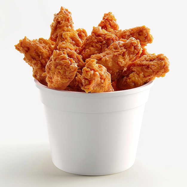 Primer plano 3D de tiras de pollo en un cubo blanco sobre un fondo blanco