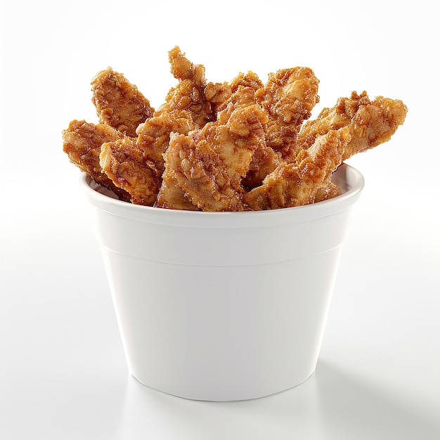 Primer plano 3D de tiras de pollo en un cubo blanco sobre un fondo blanco