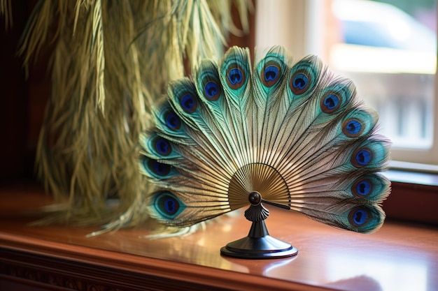 Foto primer plano de un abanico con plumas de pavo real y un ventilador de mesa usb al fondo