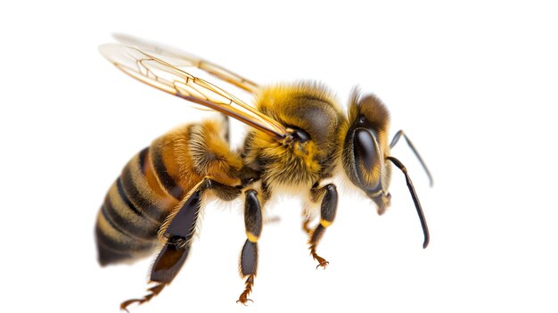 Foto primer plano de una abeja aislada en blanco que muestra alas detalladas y cuerpo peludo