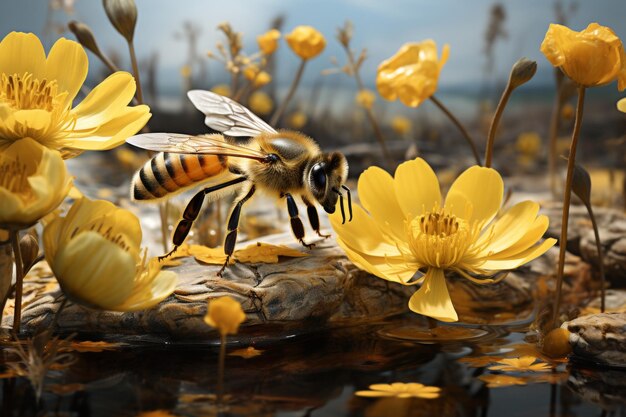Primer plano de una abeja coleccionista de polen en los pétalos de las flores fotografía macro detallada a la luz del día
