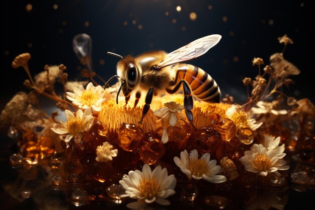 Primer plano de una abeja coleccionista de polen en los pétalos de las flores fotografía macro detallada a la luz del día