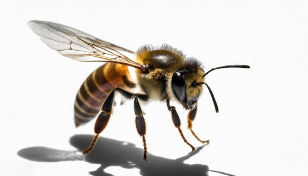 primer plano de una abeja dorada sobre un fondo blanco