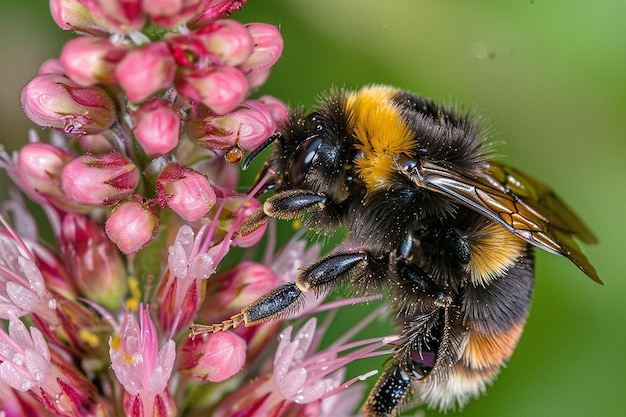 Un primer plano de una abeja extrayendo néctar de una flor en un jardín de hierbas en un balcón