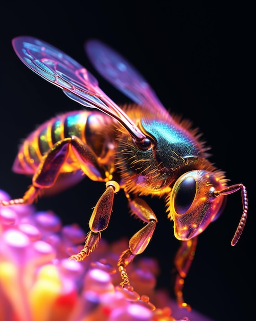 un primer plano de una abeja en una flor con un fondo negro ai generativo