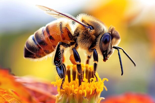 Un primer plano de una abeja en una flor con los vibrantes colores de las hojas de otoño