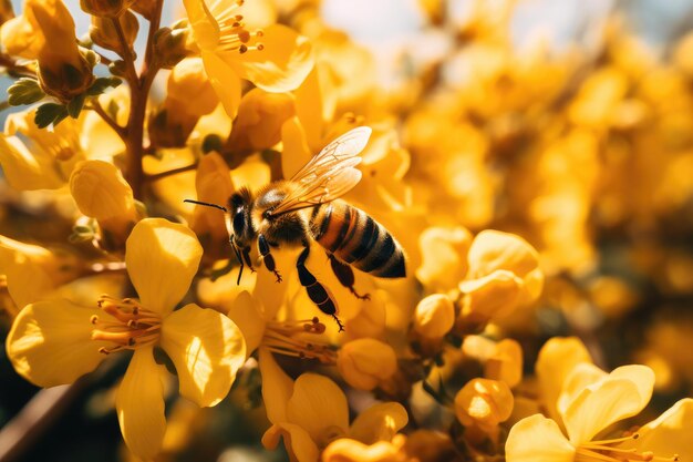 Primer plano de abeja en flores amarillas