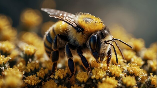 Un primer plano de una abeja en flores amarillas