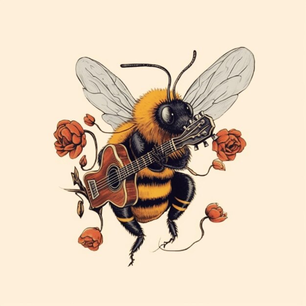 Un primer plano de una abeja con una guitarra y rosas ai generativo