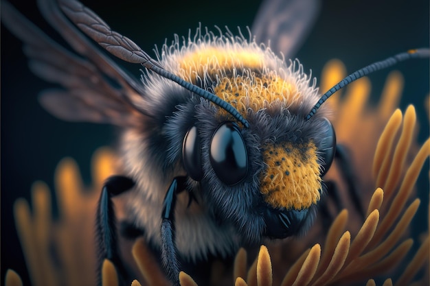 Primer plano de una abeja muy cargada en una flor en un prado soleado, macro, IA generativa