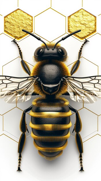 Un primer plano de una abeja negra y amarilla con acentos dorados