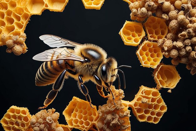 Primer plano de una abeja en un panal de miel sobre un fondo negro creado utilizando tecnología de IA generativa