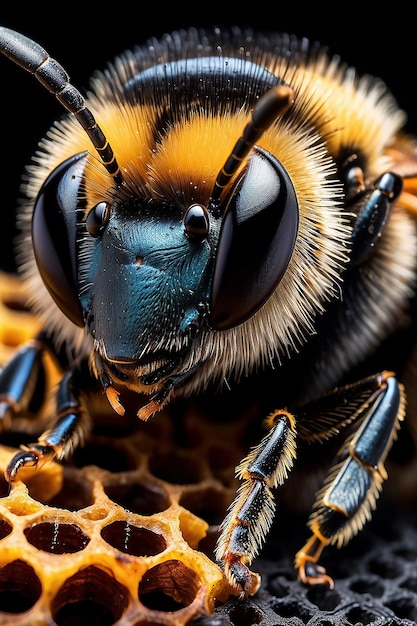 Foto primer plano de una abeja en un panal de miel sobre un fondo negro creado utilizando tecnología de ia generativa