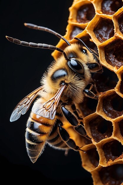 Foto primer plano de una abeja en un panal de miel sobre un fondo negro creado utilizando tecnología de ia generativa
