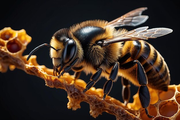 Foto primer plano de una abeja en un panal de miel sobre un fondo negro creado utilizando tecnología de ia generativa