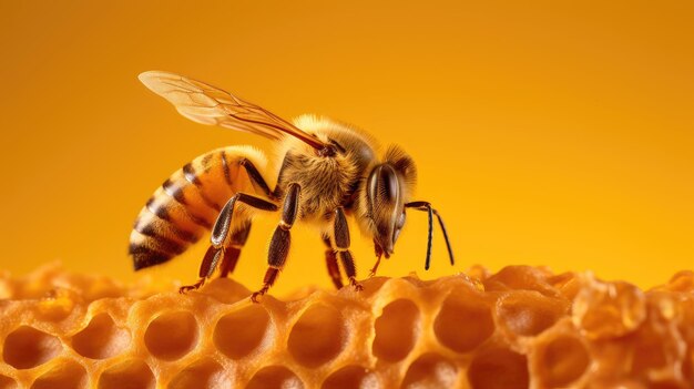 Primer plano de una abeja en un panal