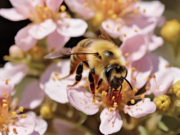 Un primer plano de una abeja polinizando una flor en flor