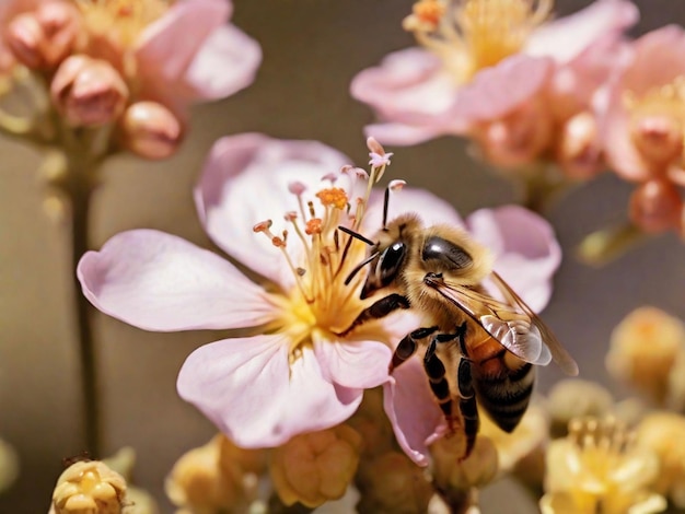 Un primer plano de una abeja polinizando una flor en flor