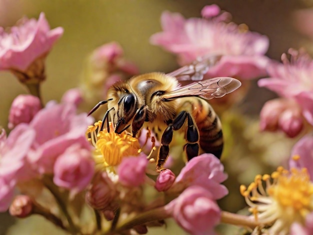 Un primer plano de una abeja polinizando una flor en flor