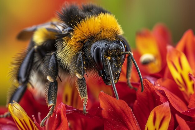 Un primer plano de una abeja polinizando una flor vibrante