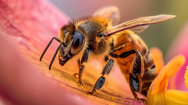 Foto primer plano de una abeja posada en un pétalo de flor su probóscide sumergido en el néctar de la flor mientras recoge alimento para la colmena