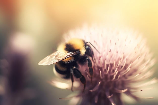 un primer plano de una abeja posada sobre una flor