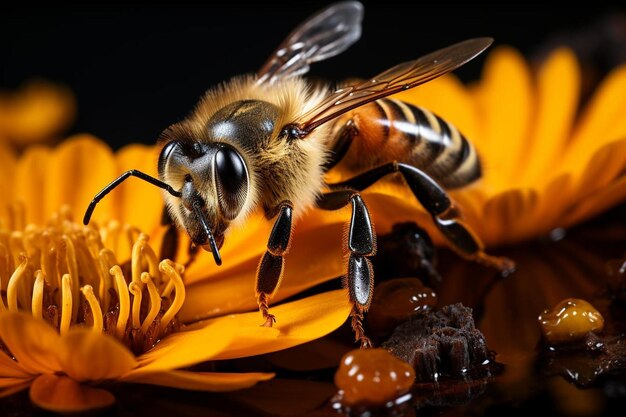 Primer plano de una abeja que recoge el polen de una abella.