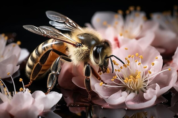 Primer plano de una abeja que recoge el polen de una abella.