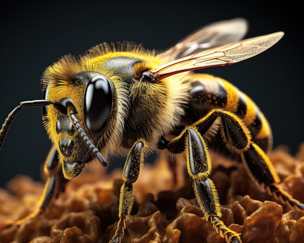 Primer plano de una abeja de rayas amarillas y negras en un panal marrón con fondo negro