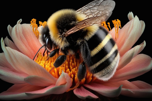 Primer plano de una abeja recolectando néctar de una flor Diseño detallado y vibrante naturaleza y vida silvestre polinización y conciencia ambiental del ecosistema IA generativa