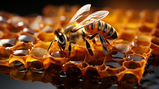 Un primer plano de una abeja sentada en un panal