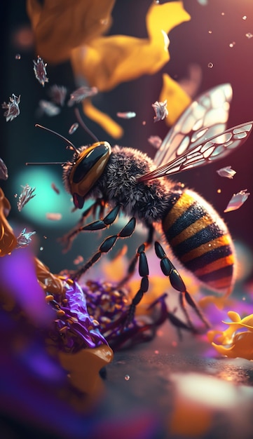 Un primer plano de abeja sobre fondo florido ai generativo