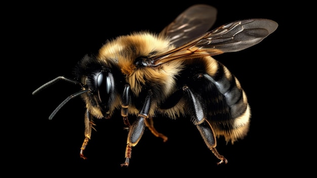 Un primer plano de una abeja sobre una IA generativa de fondo negro